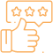 Thumbs up hand with three-star rating badge representing customer satisfaction and positive feedback.
