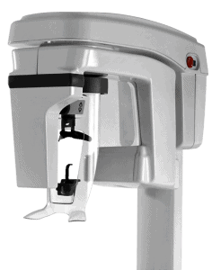 Dental panoramic X-ray machine with white exterior and positioning arm for patient imaging.