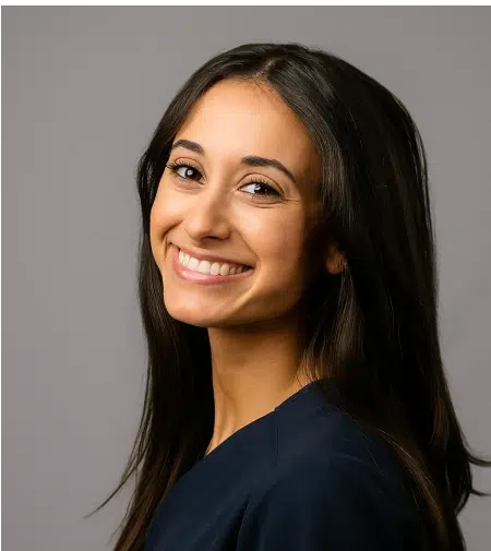 Young woman smiling at camera against gray background, professional headshot style portrait.